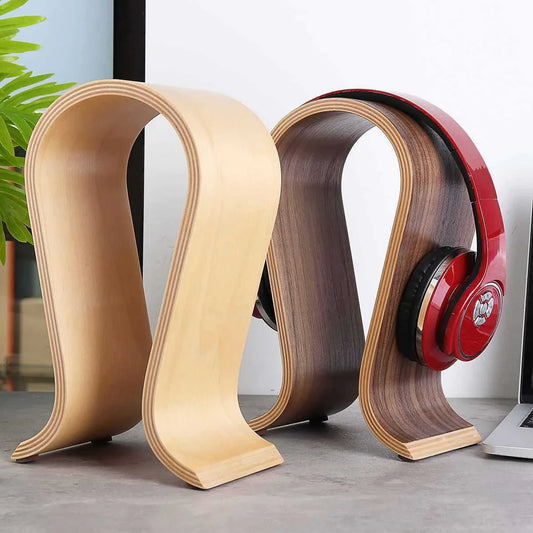 Elegant solid wood headphone stand in a contemporary design for beautiful display of audio equipment