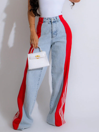 Stylish high-waist denim pants with patchwork details, available in a range of trendy color combinations