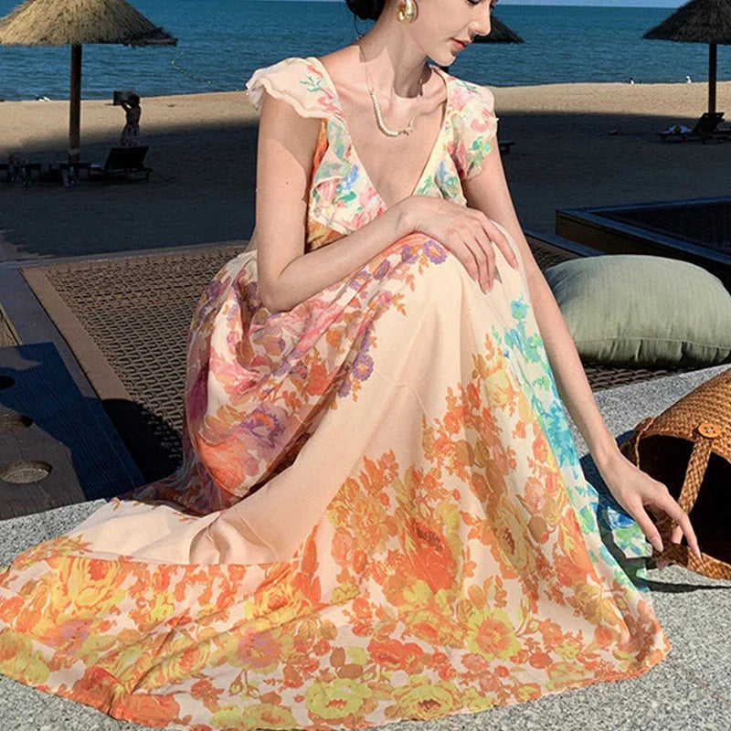 Elegant French-style floral print V-neck long dress for summer