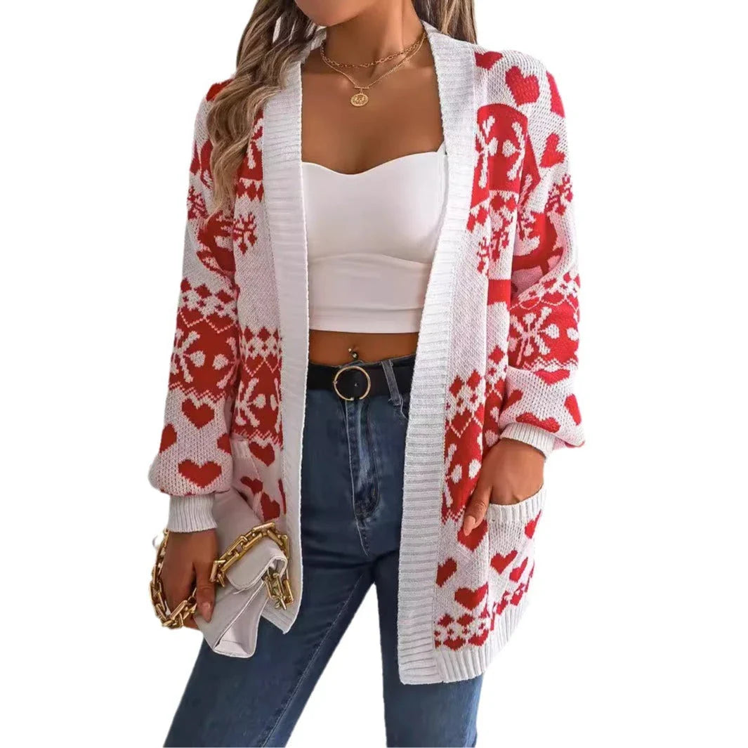 Women's open-front deer print cardigan sweater with lantern sleeves in red, green, and white colors