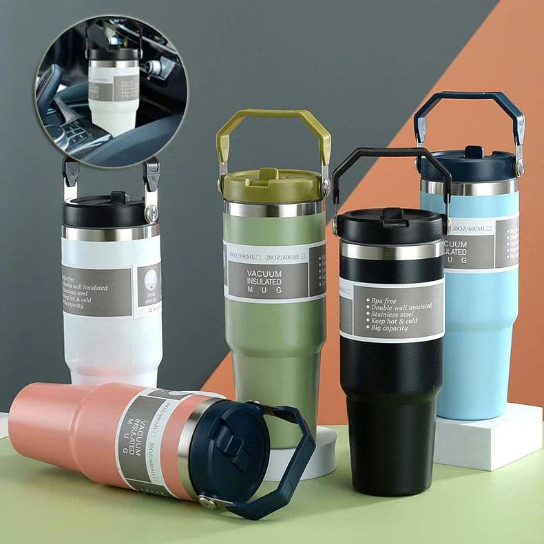 Stainless steel insulated tumbler with handle, available in multiple colors and sizes, designed to keep drinks hot or cold for hours.