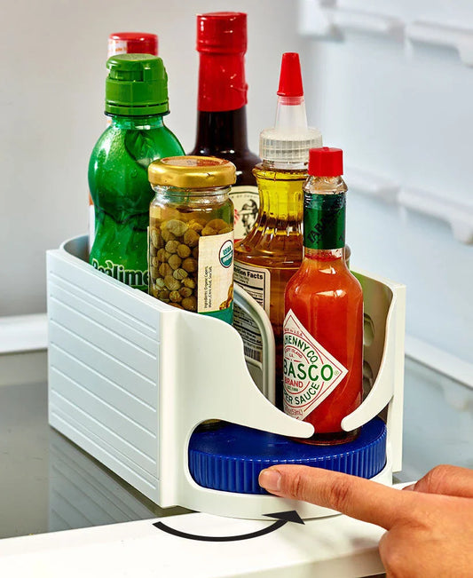 Rotating storage organiser with built-in turntable for easy access to bathroom, kitchen, and garage essentials