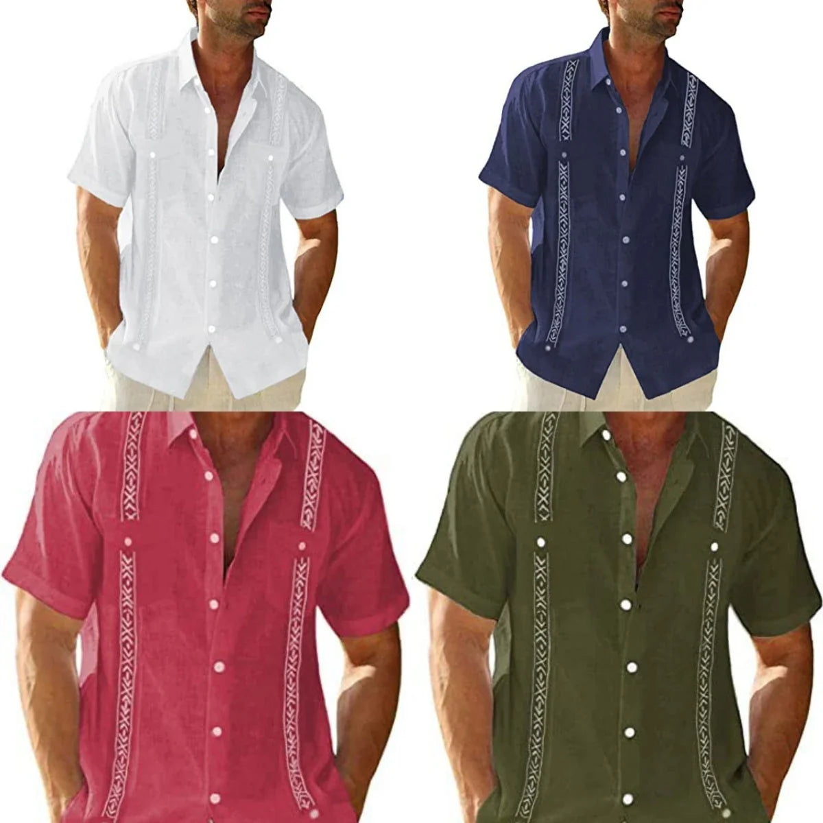 Men's casual guayabera Cuban-style short-sleeve shirt in various colors and sizes