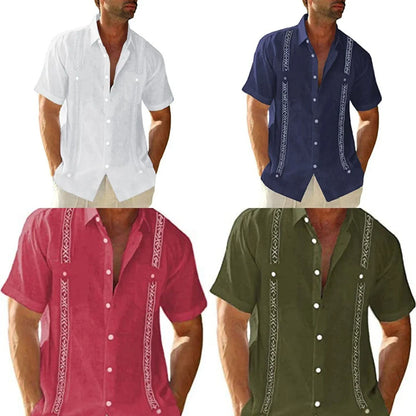 Men's casual guayabera Cuban-style short-sleeve shirt in various colors and sizes