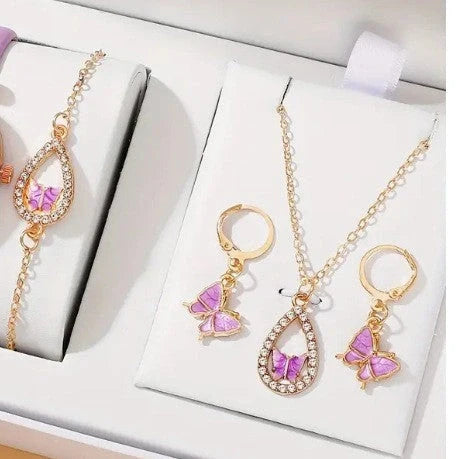4PCS women's butterfly jewellery set in alloy with necklace, bracelet, earrings, and ring