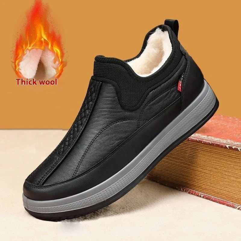Cozy winter snow boots with round-toe design, non-slip platform, and warm fleece lining in black and grey colors