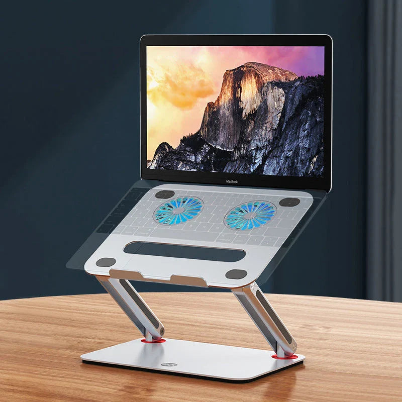 Adjustable aluminium laptop stand with foldable design and ventilated cooling rack for desks
