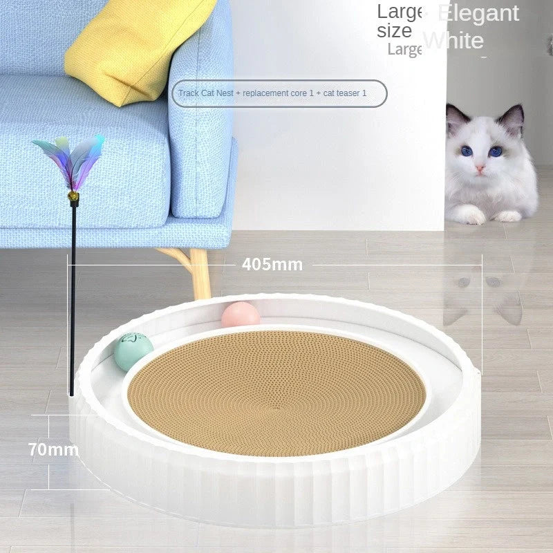 Round cat scratching board with toy ball, protects furniture from scratches