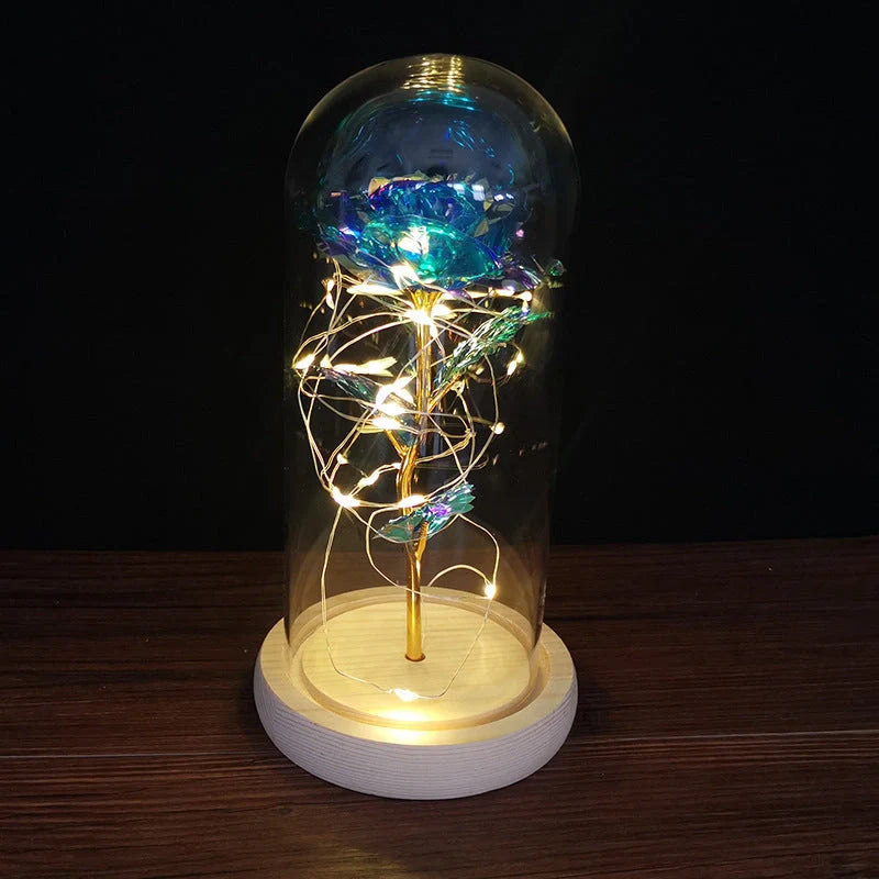 Enchanted Forever Rose in Glass LED Light decoration with realistic rose and wooden base