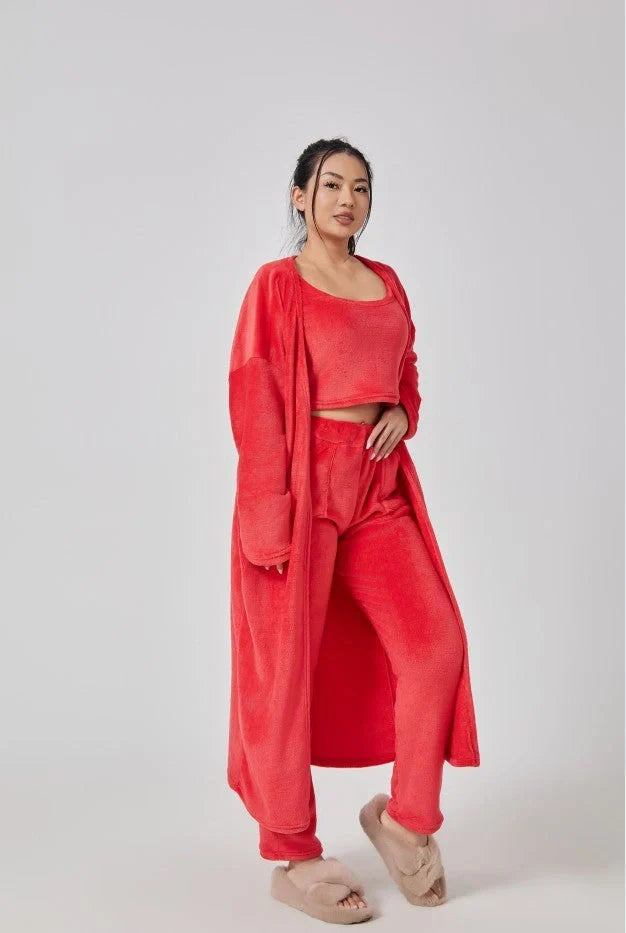 Cozy 3-Piece Lounge Set in soft, fluffy cotton-polyester blend with cropped top, wide-leg pants, and matching cardigan in various pastel colors