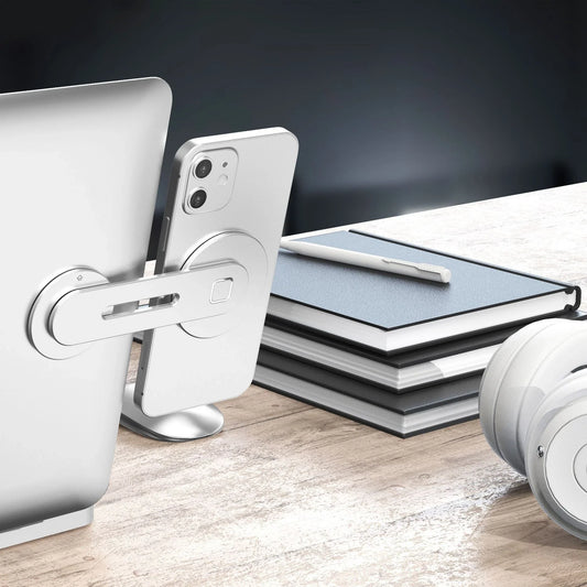 Collapsible and magnetic laptop and smartphone mount for desk and workspace organization