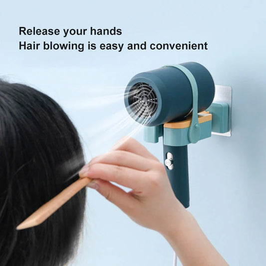 Wall-mounted hairdryer rack with silicone fixing belt and 180° rotation