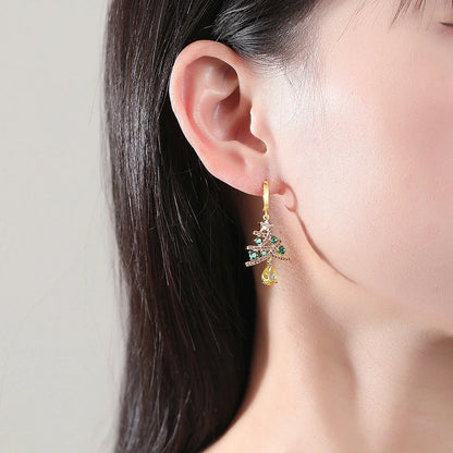 Pair of elegant Christmas tree earrings with a geometric design, sparkling rhinestones, and 18K gold electroplating