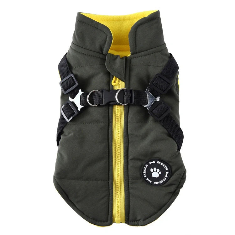 Chest Strap Jacket Cotton-padded Coat for pets in black, blue, green, and red