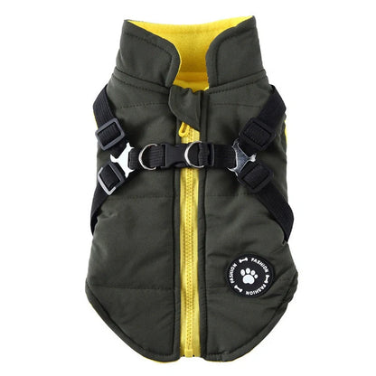 Chest Strap Jacket Cotton-padded Coat for pets in black, blue, green, and red