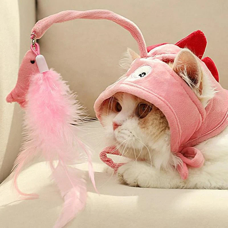 Adjustable head wearing feather funny cat stick toy for indoor play