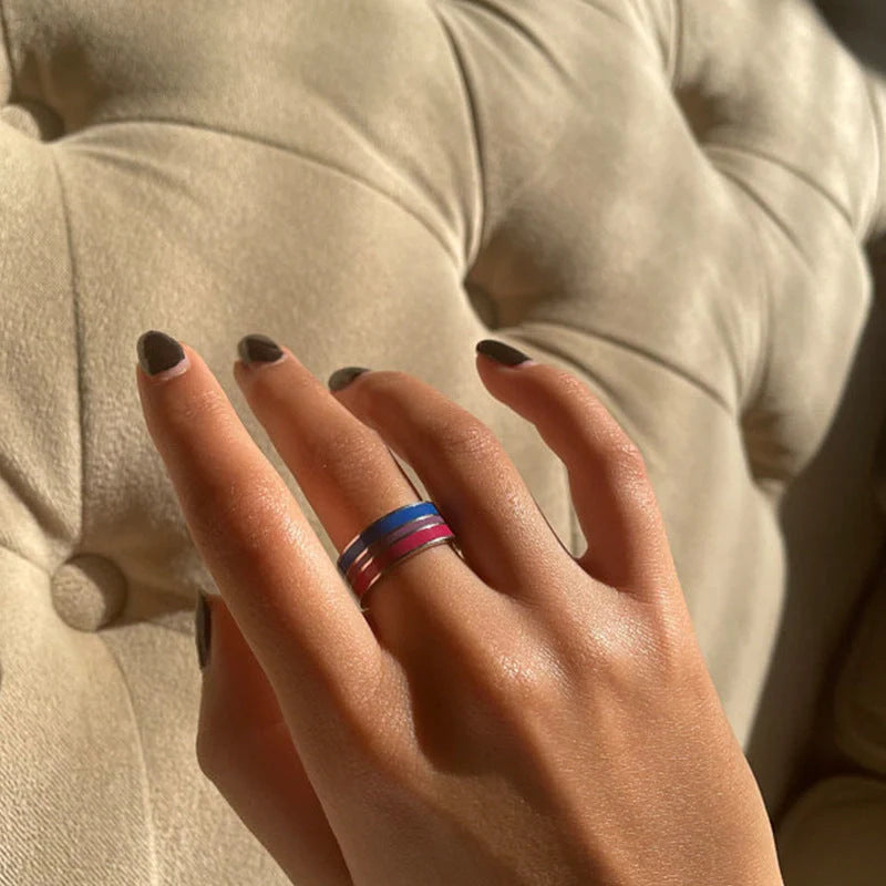 Stylish bisexual pride stainless steel ring with a bold, geometric design in vibrant colours