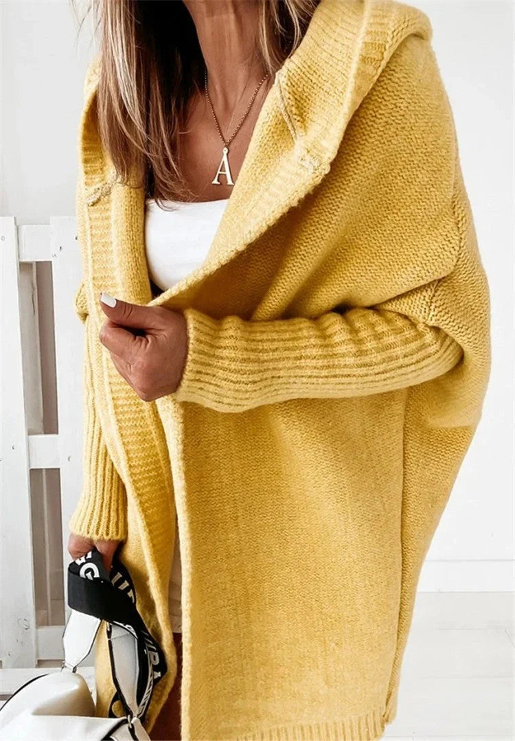 Women's bat sleeve hooded cardigan in sheep wool blend, available in multiple colours