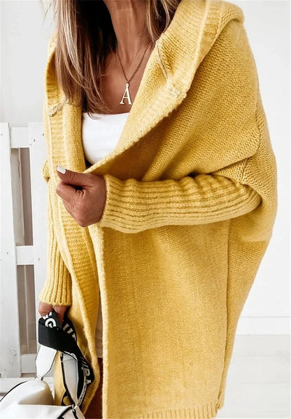 Women's bat sleeve hooded cardigan in sheep wool blend, available in multiple colours