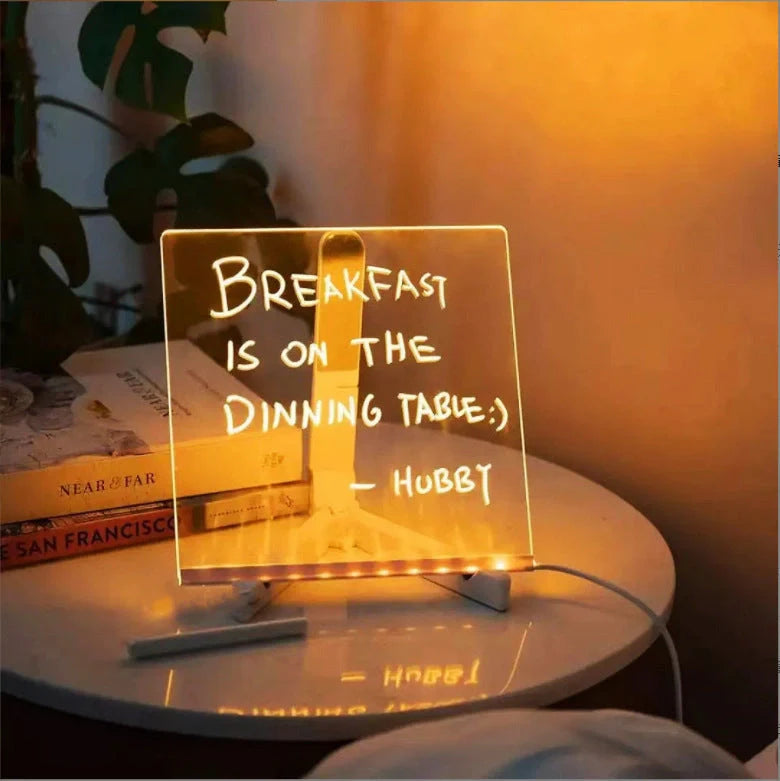 Acrylic DIY Note Board LED Night Light with 7 pens on a desk