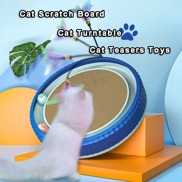 Round cat scratching board with toy ball, protects furniture from scratches