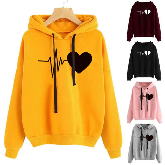 Women's heart print streetwear hoodie in various colours and sizes