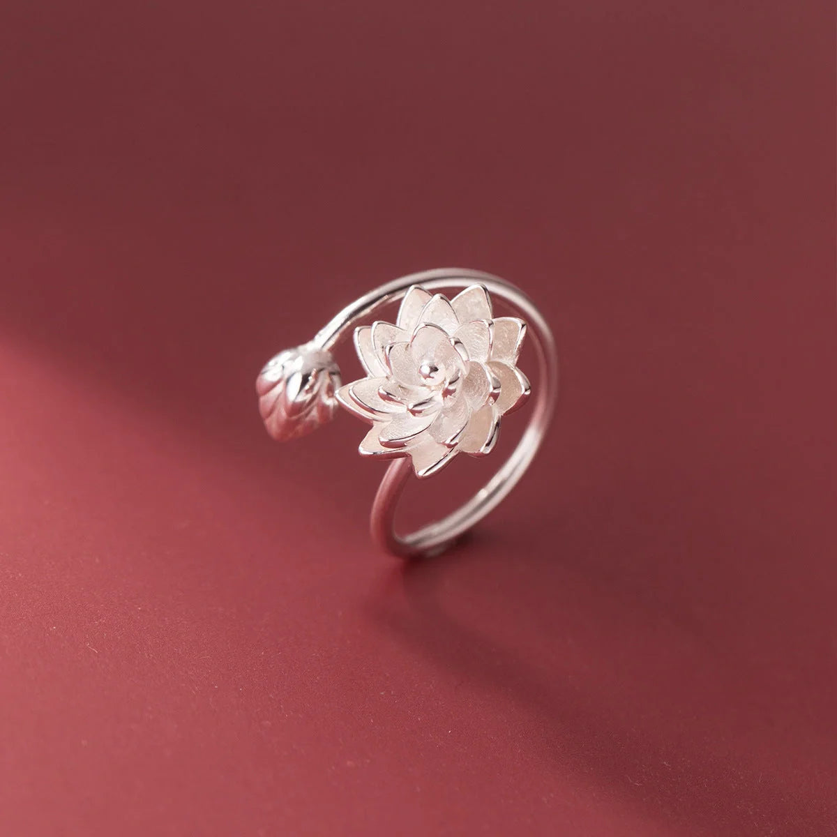 Elegant silver lotus flower adjustable opening ring with intricate design, perfect for everyday wear or special occasions