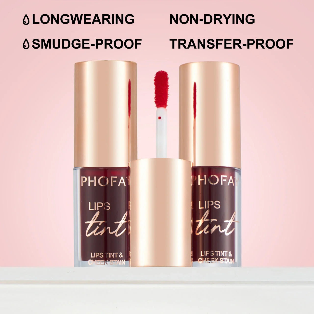 PHOFAY Premium Long-Lasting Lip Tint Collection in various shades and applications