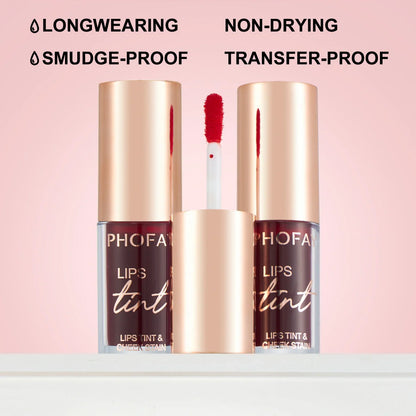 PHOFAY Premium Long-Lasting Lip Tint Collection in various shades and applications