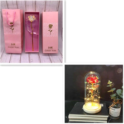 A luxurious 24K gold-plated rose flower bouquet set with a gift box and tote bag