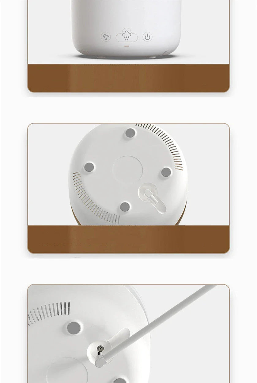 A white humidifier with a cloud-shaped design, featuring color-changing lights and essential oil diffuser capabilities.