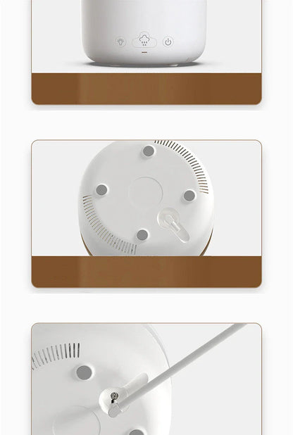 A white humidifier with a cloud-shaped design, featuring color-changing lights and essential oil diffuser capabilities.