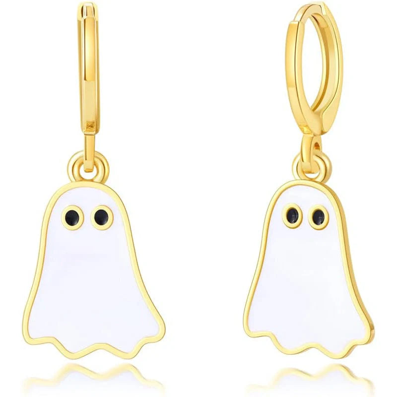 Gold plated Halloween ghost huggie hoop earrings for women, hypoallergenic and stylish