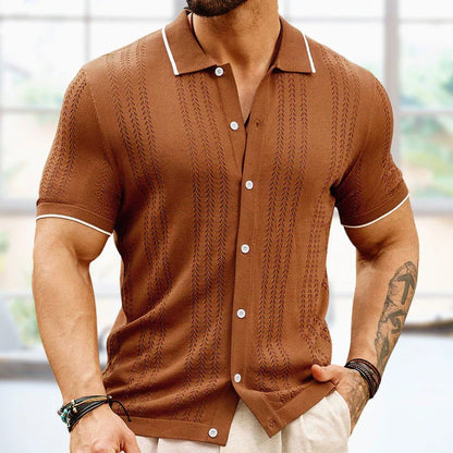 Stylish short-sleeved polo shirt with unique flocked design, available in a variety of rich colors for versatile summer style