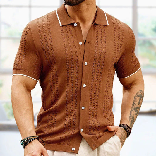 Stylish short-sleeved polo shirt with unique flocked design, available in a variety of rich colors for versatile summer style
