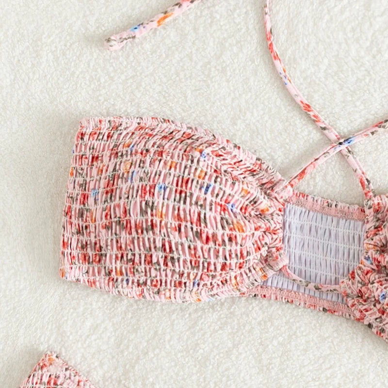 Summer flowers print pleated bikini set with halter neck in pink and blue