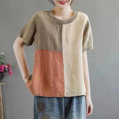 Women's cotton linen artistic contrast colour t-shirt for casual wear
