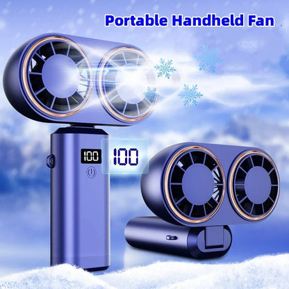 Portable handheld fan with foldable design, digital display, and USB rechargeable power for use in travel, work, and outdoor activities