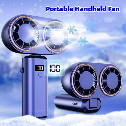 Portable handheld fan with foldable design, digital display, and USB rechargeable power for use in travel, work, and outdoor activities