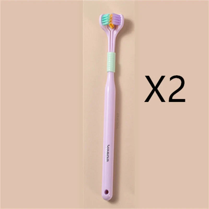 Soft bristle toothbrush with 3-sided brush head for thorough dental cleaning