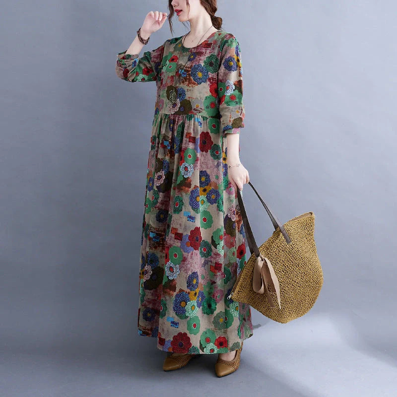 Literary Plus Size Printed Long Sleeve Cotton Blend Dress in vibrant colours
