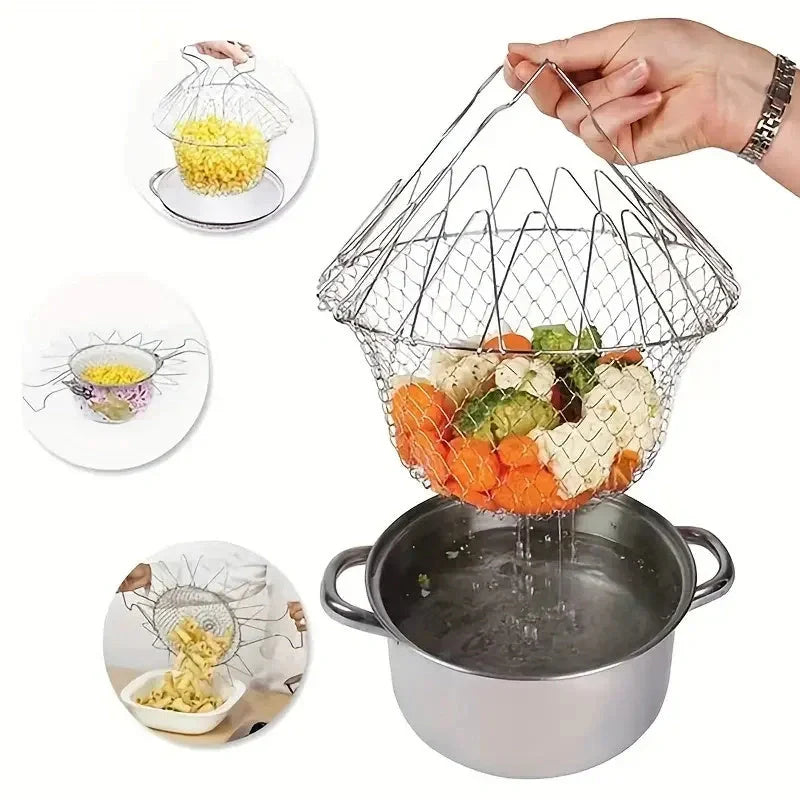 Stainless steel deep-fry basket with cool-touch handles and easy draining design