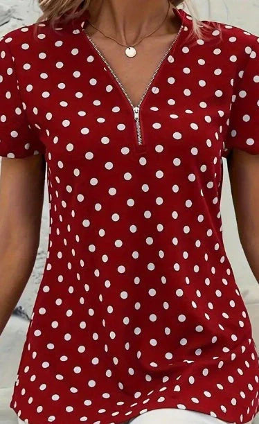 Elegant polka dot V-neck blouse with front zipper for women, perfect for spring and summer.