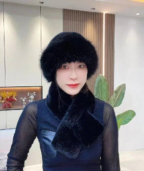 Cosy Mongolian-style unisex winter hat and scarf set in various colours, including black, white, beige, brown, pink, violet, grey, and red