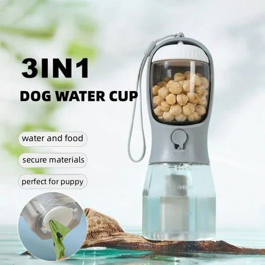 A 3-in-1 pet travel set featuring a water dispenser, food container, and waste bag holder in various color options