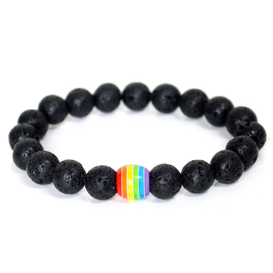 Pride Rainbow Bead Bracelet featuring natural stones in vibrant colours, perfect for unisex wear.