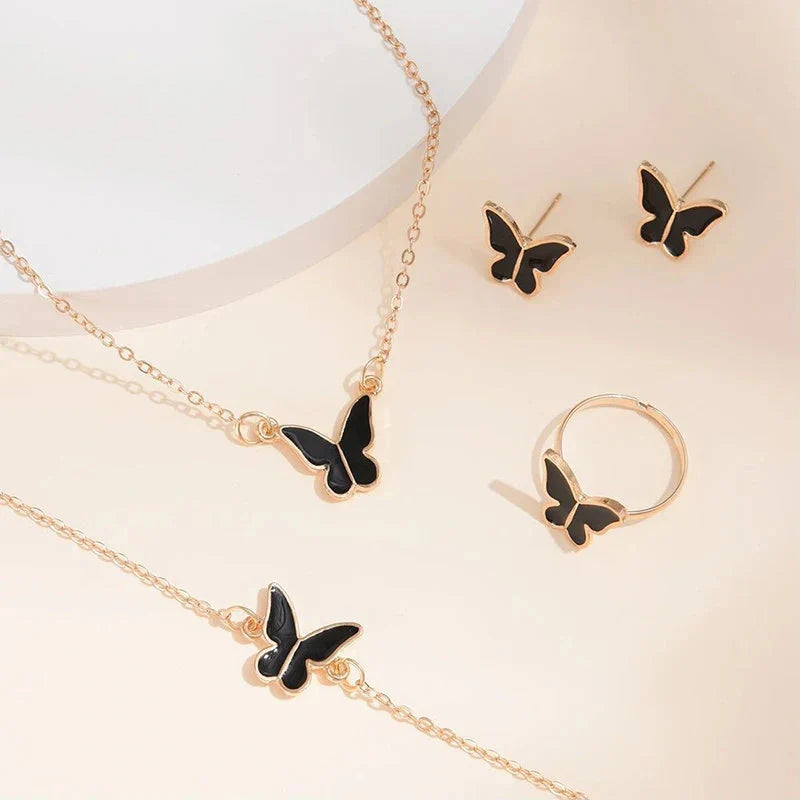 5PCS Fashion Butterfly Pendants Necklace Earrings Ring Bracelet Sets For Women