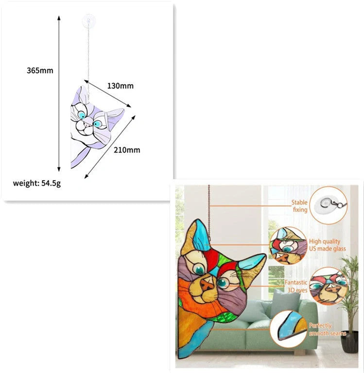 Colourful stained glass cat window hanger decoration, reusable PVC sticker