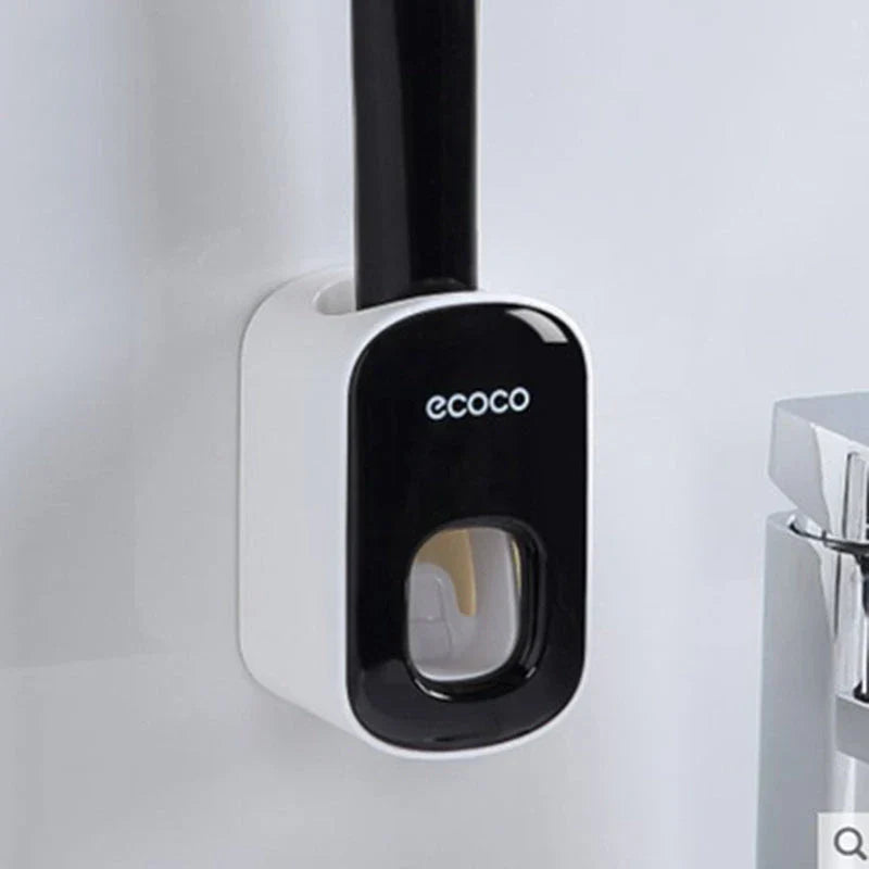 Wall-mounted automatic toothpaste dispenser with storage cups for toothbrush and bathroom accessories