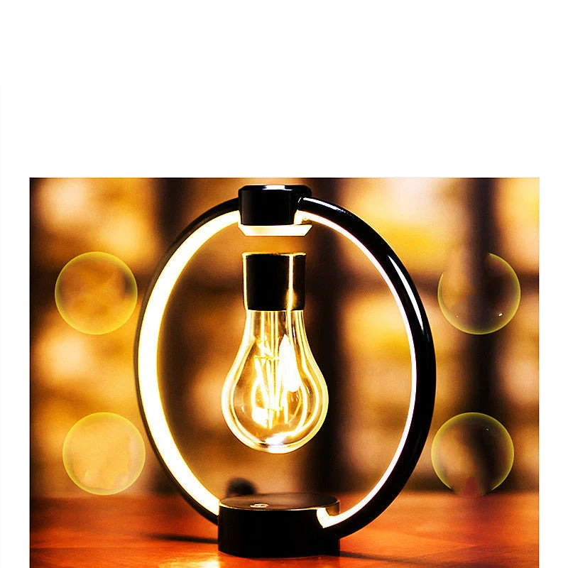 Magnetic Levitation Bulb floating above its base with a black metal shade